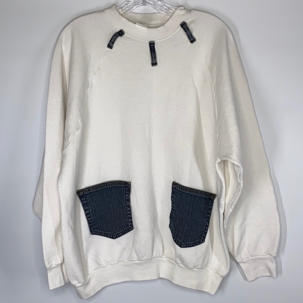 Vintage Fruit Of The Loom White Sweatshirt W/Denim Pockets Size XL